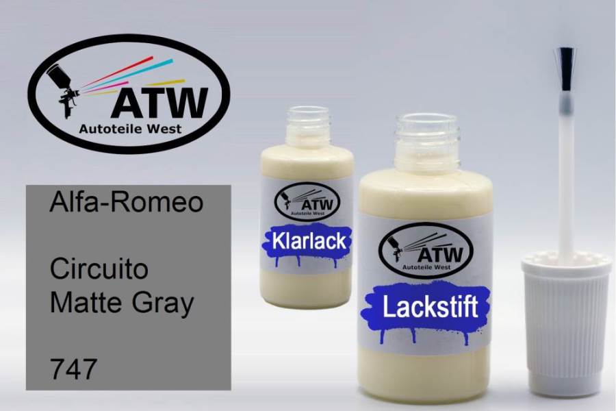 Alfa-Romeo, Circuito Matte Gray, 747: 20ml Lackstift + 20ml Klarlack - Set, von ATW Autoteile West.